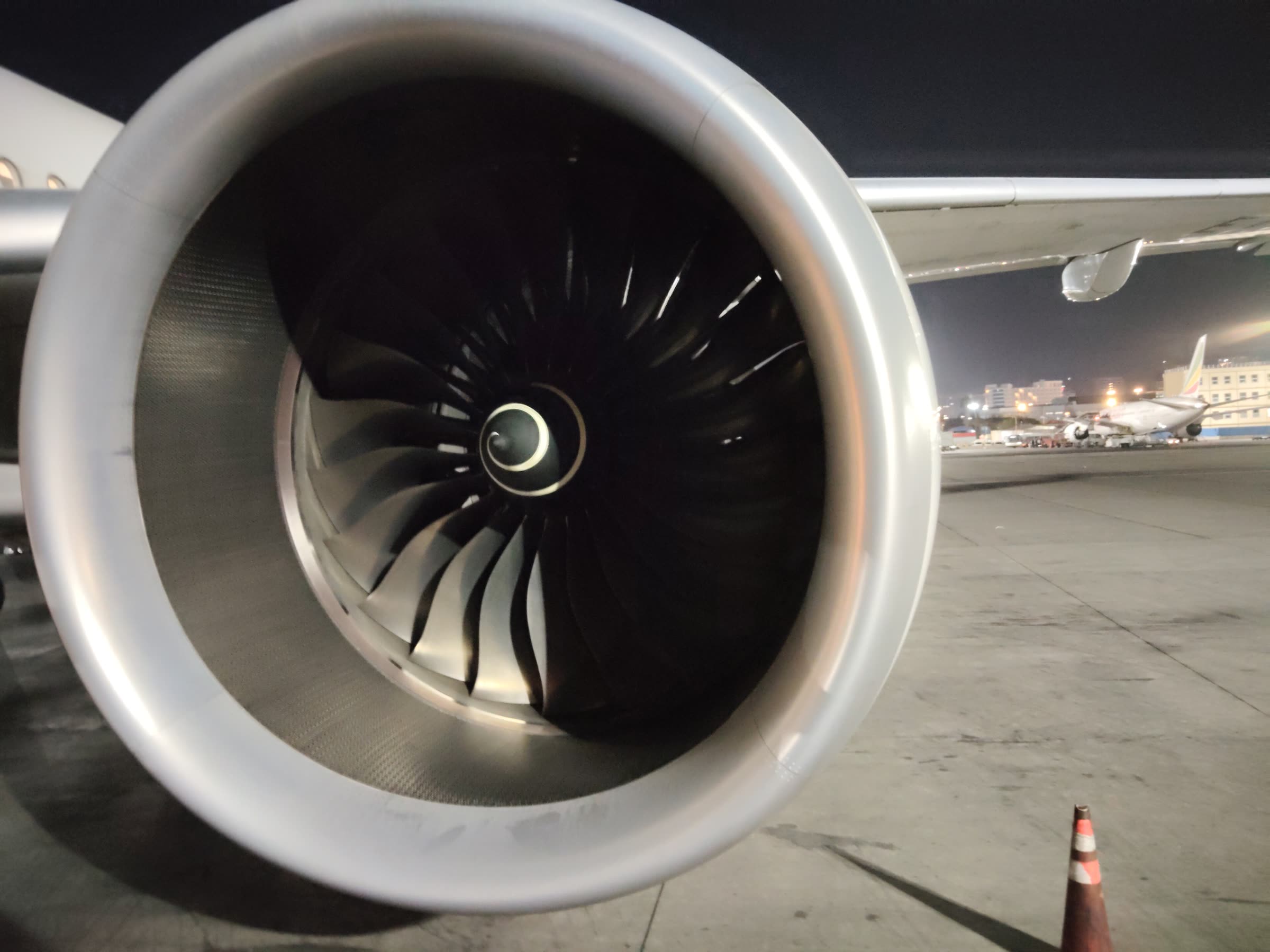 Close view of a jet engine on the apron at Bole International Airport, Addis Ababa